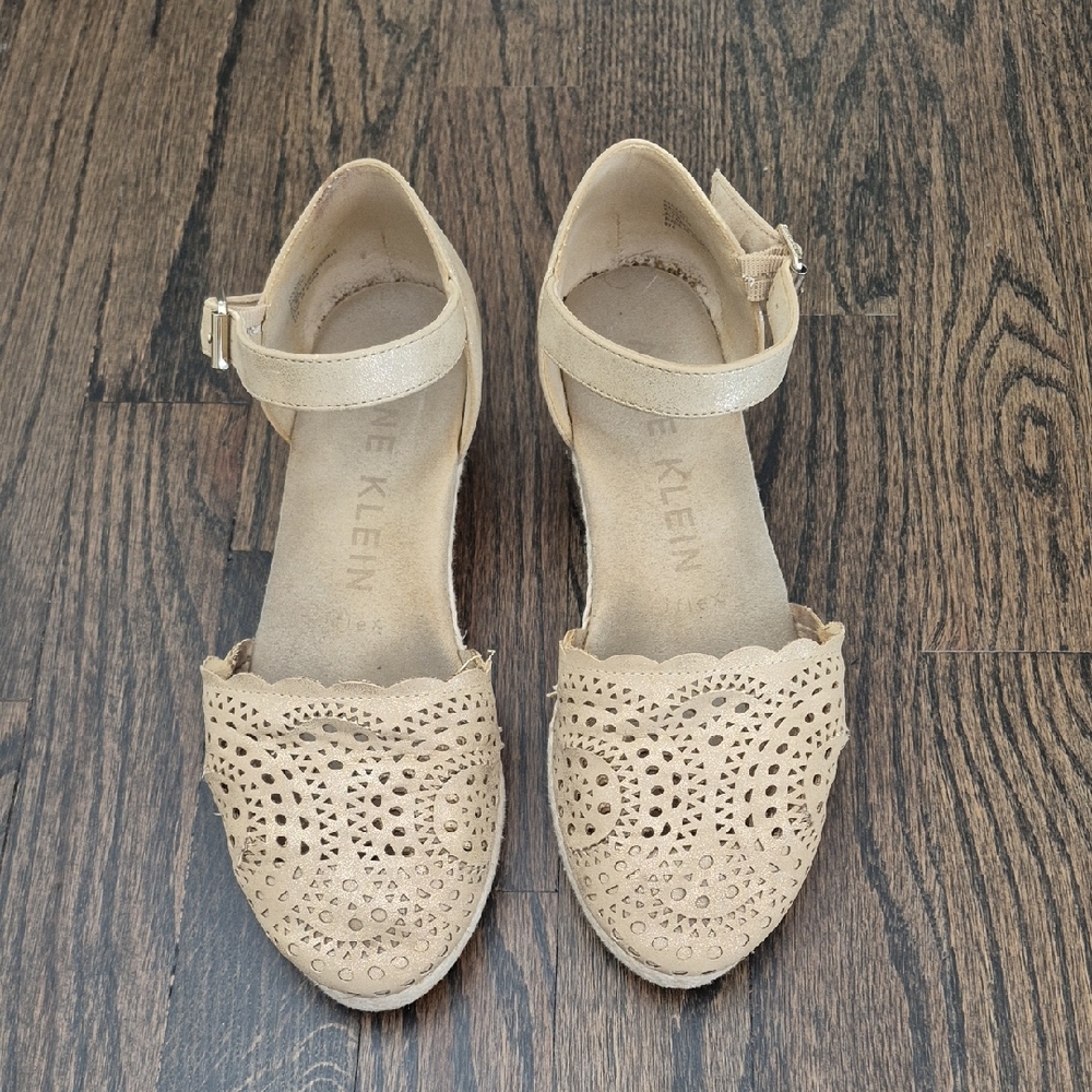 Anne Klein Tan Laser Cut Ankle Strap Flats